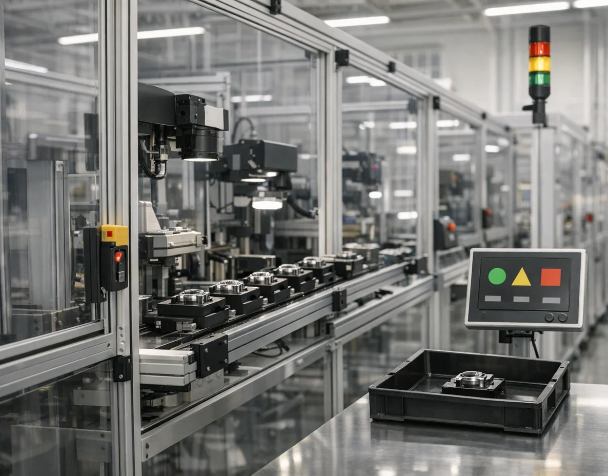 Manufacturing line running through controlled inspection checkpoints