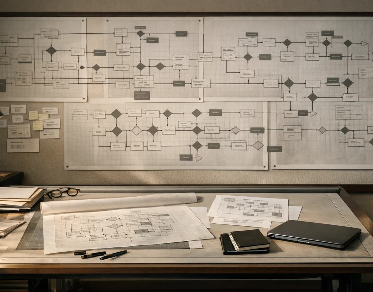 Process maps arranged in an operational design studio