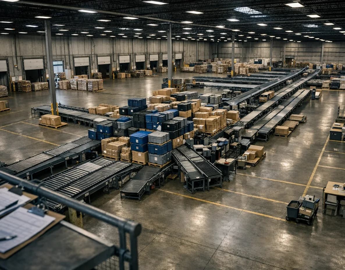 Warehouse operations converging at a visible workflow bottleneck