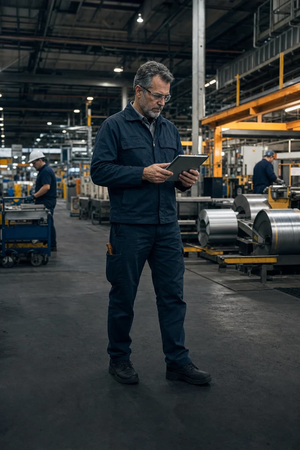 An operations coordinator reviewing production on a tablet inside a factory.
