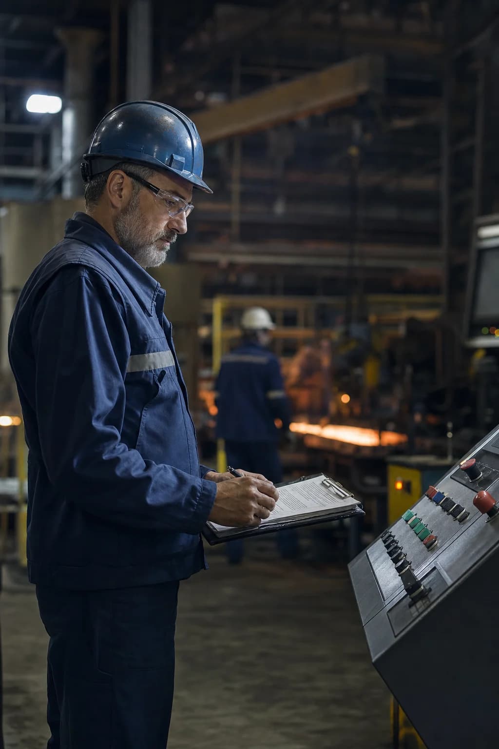 A supervisor reviewing a physical checklist at an industrial control station.