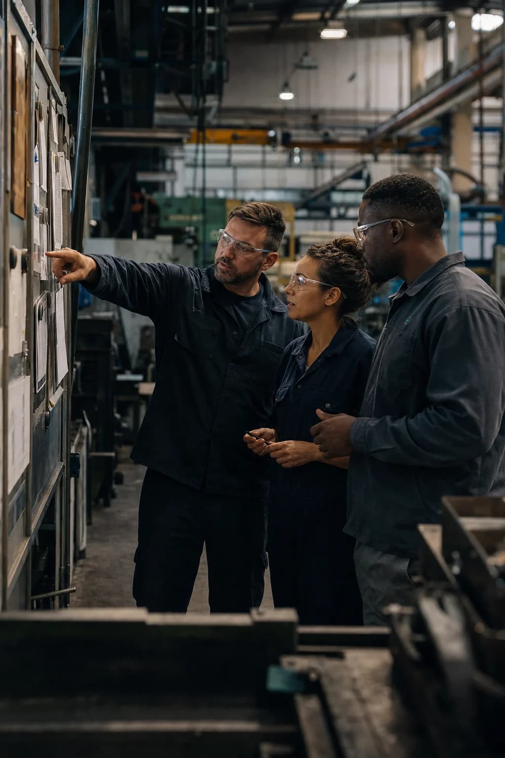 Three manufacturing colleagues collaborating beside an operations board.